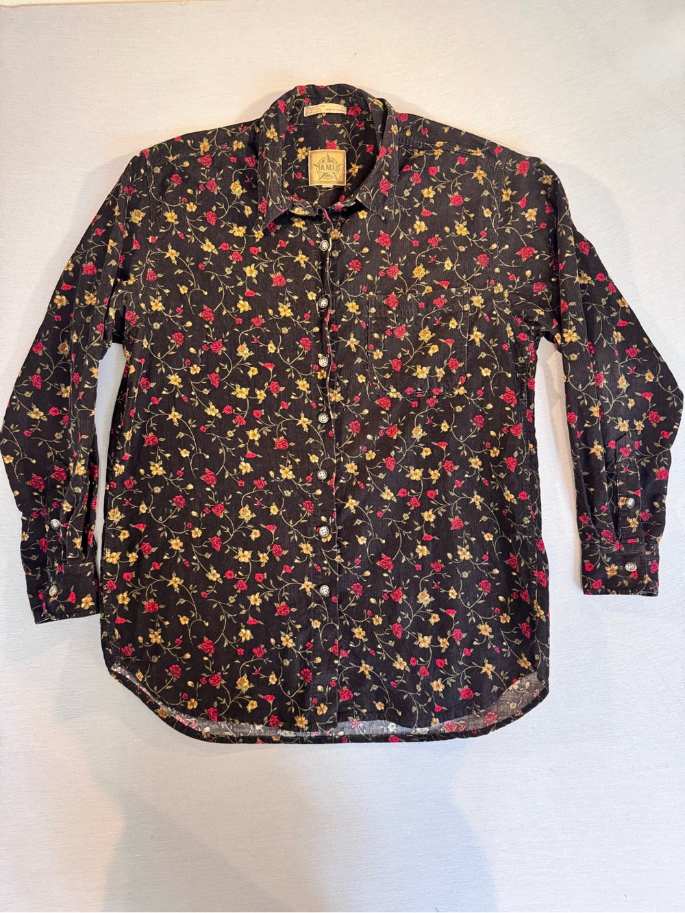 Vintage A.M.I. Floral Corduroy Shirt Men’s M Black Red Rose 90s